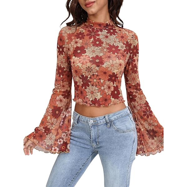 Jndtueit 70s Hippy Flower Bell Sleeve for Women Mesh Tee Top Mock